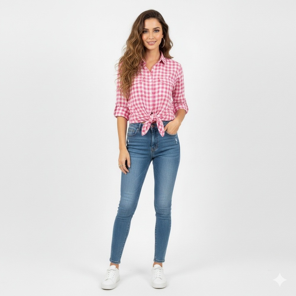 Jones New York‎ Blouse Womens M Pink White Gingham Check Tie Front Lightweight